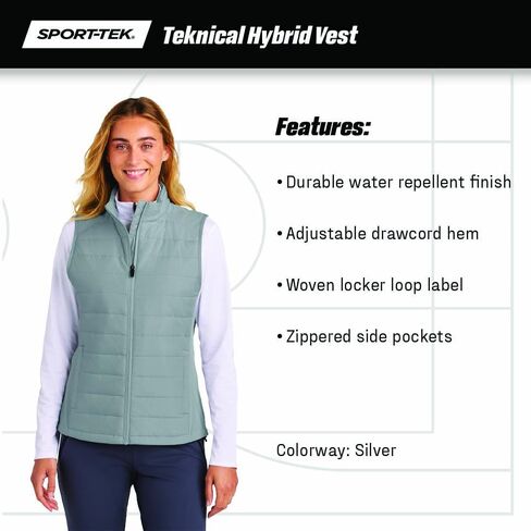 SPORT-TEK Women's Teknical Hybrid Vest | Lightweight Insulated Zip Up Vest, Water Repellent, Adjustable Hem, Zip Pockets in Saudi Arabia