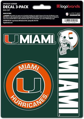 ملصقات الفينيل بشعار فريق Miami Hurricanes NCAA - مجموعة من 3 ملصقات شديدة التحمل مرخصة رسميًا من جامعة ميامي للاستخدام الداخلي أو الخارجي - تستخدم لأجهزة الكمبيوتر المحمولة والمبردات وأجهزة الكمبيوتر المحمولة - أظهر فخرك بالعصا in Kuwait