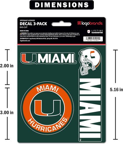 ملصقات الفينيل بشعار فريق Miami Hurricanes NCAA - مجموعة من 3 ملصقات شديدة التحمل مرخصة رسميًا من جامعة ميامي للاستخدام الداخلي أو الخارجي - تستخدم لأجهزة الكمبيوتر المحمولة والمبردات وأجهزة الكمبيوتر المحمولة - أظهر فخرك بالعصا in Kuwait