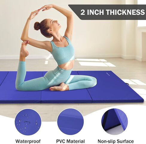 Fitvids Folding Exercise Gymnastics Mat, 4'x8'x2" Gym Workout Mat with Carrying Handles 4-Fold High-Density Anti-Tear Portable Fitness Aerobics Mat for Home Gym Yoga Pilates Tumbling MMA Core Training in Saudi Arabia