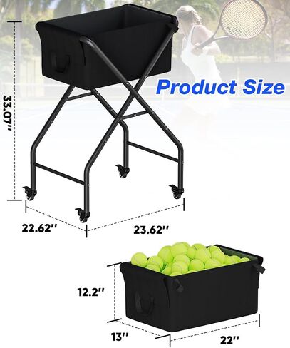 Tennis Ball Hopper Cart Holds 175 Tennis Balls or 140 Pickleballs, Portable Pickleball Collector Caddy with Wheels, Foldable Baseball Basket Holder for Court Training & Coaching in Kuwait