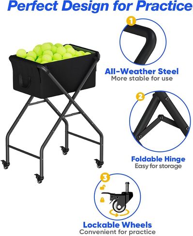 Tennis Ball Hopper Cart Holds 175 Tennis Balls or 140 Pickleballs, Portable Pickleball Collector Caddy with Wheels, Foldable Baseball Basket Holder for Court Training & Coaching in Kuwait