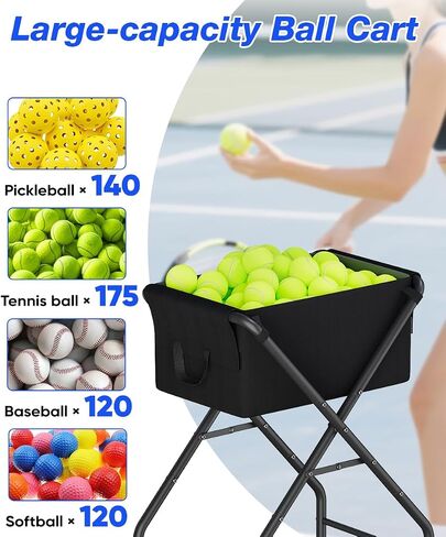 Tennis Ball Hopper Cart Holds 175 Tennis Balls or 140 Pickleballs, Portable Pickleball Collector Caddy with Wheels, Foldable Baseball Basket Holder for Court Training & Coaching in Kuwait