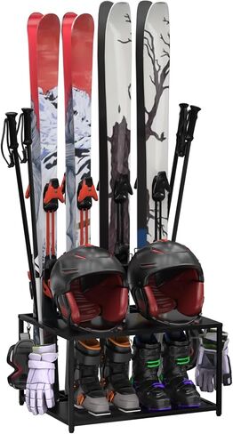 Freestanding Ski Holders for 4Pairs of Skis Ski Boot, Poles,Goggles, Helmet and More,Storage Rack for Garage, Heavy Duty Steel Floor Stand Ski Organizer for Garage Basement(Double-Layer storage shelf) in Saudi Arabia