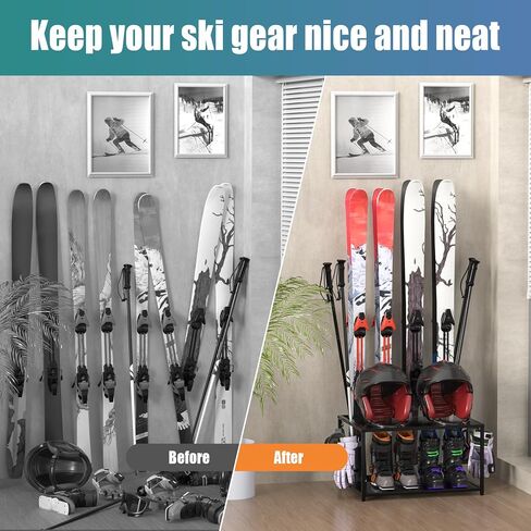 Freestanding Ski Holders for 4Pairs of Skis Ski Boot, Poles,Goggles, Helmet and More,Storage Rack for Garage, Heavy Duty Steel Floor Stand Ski Organizer for Garage Basement(Double-Layer storage shelf) in Saudi Arabia