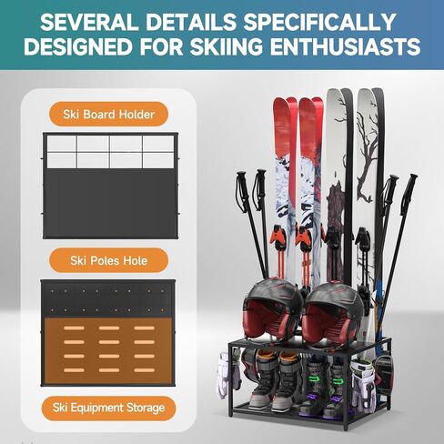 Freestanding Ski Holders for 4Pairs of Skis Ski Boot, Poles,Goggles, Helmet and More,Storage Rack for Garage, Heavy Duty Steel Floor Stand Ski Organizer for Garage Basement(Double-Layer storage shelf) in Saudi Arabia