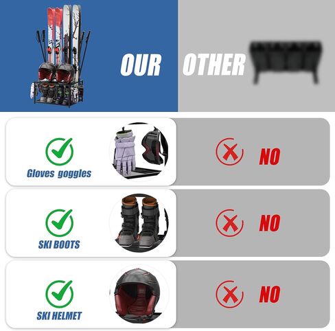 Freestanding Ski Holders for 4Pairs of Skis Ski Boot, Poles,Goggles, Helmet and More,Storage Rack for Garage, Heavy Duty Steel Floor Stand Ski Organizer for Garage Basement(Double-Layer storage shelf) in Saudi Arabia