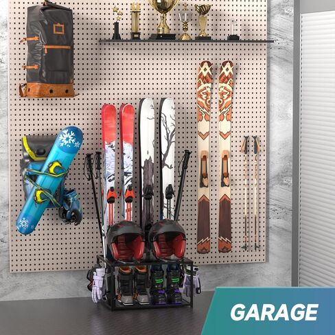 Freestanding Ski Holders for 4Pairs of Skis Ski Boot, Poles,Goggles, Helmet and More,Storage Rack for Garage, Heavy Duty Steel Floor Stand Ski Organizer for Garage Basement(Double-Layer storage shelf) in Saudi Arabia