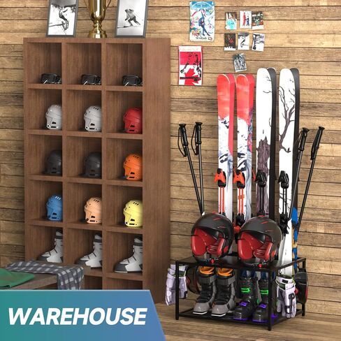 Freestanding Ski Holders for 4Pairs of Skis Ski Boot, Poles,Goggles, Helmet and More,Storage Rack for Garage, Heavy Duty Steel Floor Stand Ski Organizer for Garage Basement(Double-Layer storage shelf) in Saudi Arabia