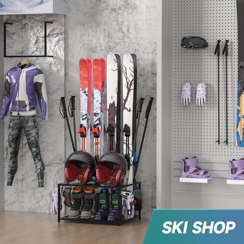 Freestanding Ski Holders for 4Pairs of Skis Ski Boot, Poles,Goggles, Helmet and More,Storage Rack for Garage, Heavy Duty Steel Floor Stand Ski Organizer for Garage Basement(Double-Layer storage shelf) in Saudi Arabia