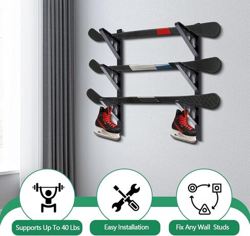 Ski Wall Rack Horizontal Ski Rack Wall Mount Hockey Stick Storage, Garage Storage for Sports Equipment, Skates, Lacrosse Sticks, 3 Tiers in Saudi Arabia