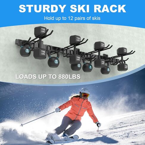 حامل جداري لرف التزلج، 12 زوجًا من حوامل التزلج على الحائط مع خطافات متحركة مطلية بالمطاط لنظام تنظيم تخزين المرآب، حامل جداري على الجليد للجراج وسقيفة المنزل، يحمل ما يصل إلى 880 رطلًا in Kuwait