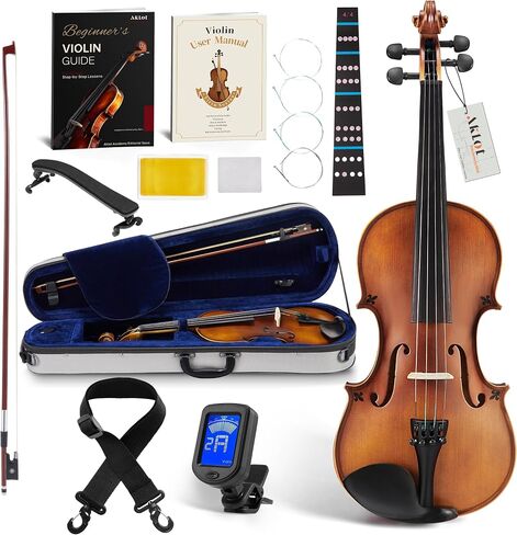 AKLOT Handcrafted Full Size Violin: Solid Wood Matte Fiddle, Acoustic Beginner 4/4 Violin Kit with Hard Case, Lesson Book, Bow, Shoulder Rest, Extra Strings, Tuner, Fretboard Stickers (VRT-AmiMS) in Saudi Arabia