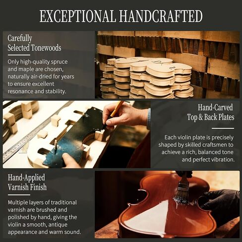AKLOT Handcrafted Full Size Violin: Solid Wood Matte Fiddle, Acoustic Beginner 4/4 Violin Kit with Hard Case, Lesson Book, Bow, Shoulder Rest, Extra Strings, Tuner, Fretboard Stickers (VRT-AmiMS) in Kuwait