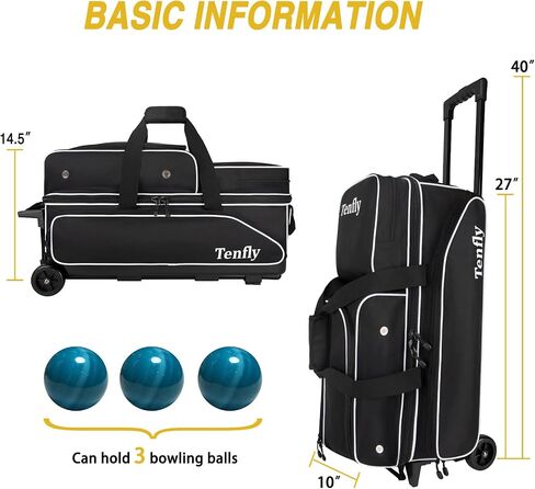 3 Bowling Ball Bags With Wheels - Roller Bowling Bag for 3 Balls & Accessories - Retractable Handle Extends to 38" in Saudi Arabia