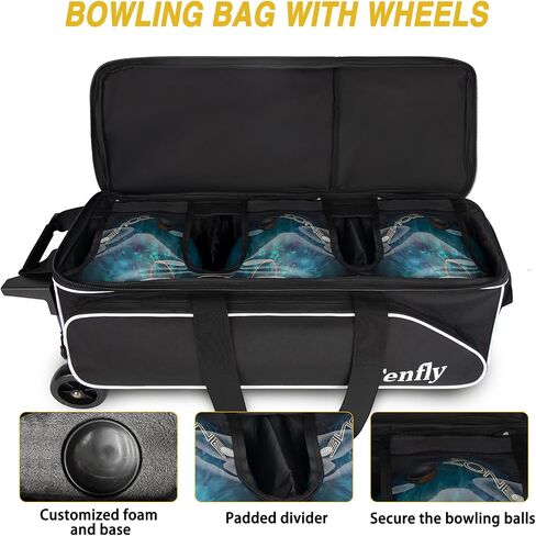 3 Bowling Ball Bags With Wheels - Roller Bowling Bag for 3 Balls & Accessories - Retractable Handle Extends to 38" in Saudi Arabia