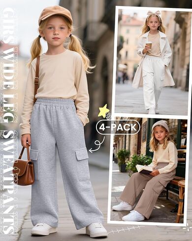4 Pack Girl's Wide Leg Sweatpants with Cargo Pockets Baggy Elastic High Waist Pants Kids Casual Athletic 5-14Y in Kuwait