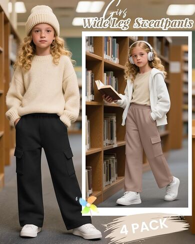 4 Pack Girl's Wide Leg Sweatpants with Cargo Pockets Baggy Elastic High Waist Pants Kids Casual Athletic 5-14Y in Kuwait