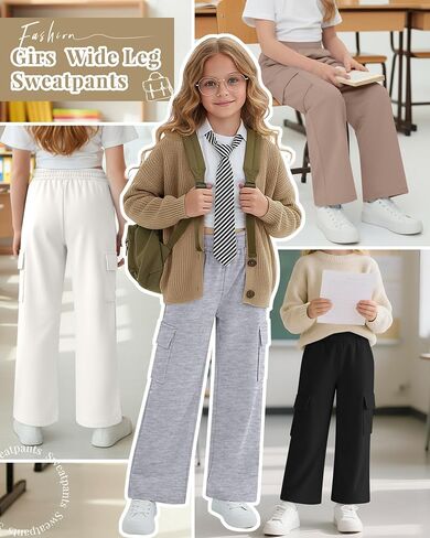 4 Pack Girl's Wide Leg Sweatpants with Cargo Pockets Baggy Elastic High Waist Pants Kids Casual Athletic 5-14Y in Kuwait