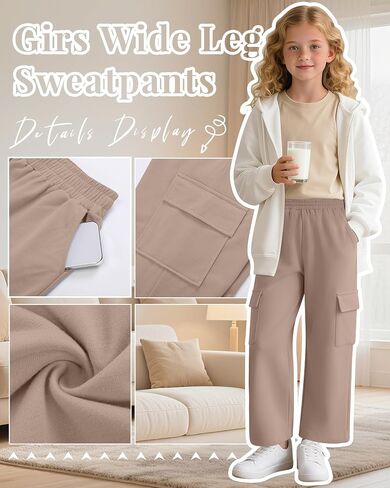 4 Pack Girl's Wide Leg Sweatpants with Cargo Pockets Baggy Elastic High Waist Pants Kids Casual Athletic 5-14Y in Kuwait