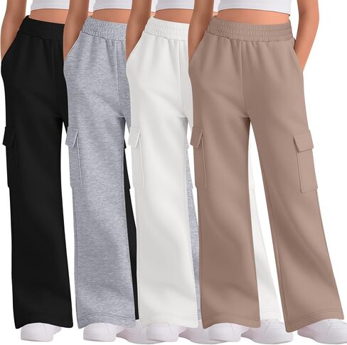 4 Pack Girl's Wide Leg Sweatpants with Cargo Pockets Baggy Elastic High Waist Pants Kids Casual Athletic 5-14Y in Kuwait