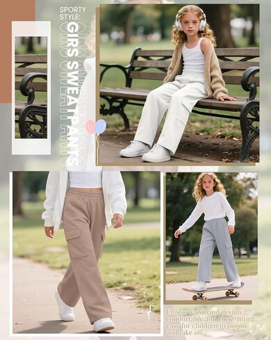 4 Pack Girl's Wide Leg Sweatpants with Cargo Pockets Baggy Elastic High Waist Pants Kids Casual Athletic 5-14Y in Kuwait