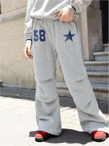 SHENHE Girl's Baggy Sweatpants Wide Leg Graphic Elastic Waist Fleece Open Bottom Sweatpants in Saudi Arabia