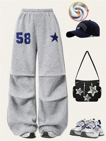 SHENHE Girl's Baggy Sweatpants Wide Leg Graphic Elastic Waist Fleece Open Bottom Sweatpants in Saudi Arabia