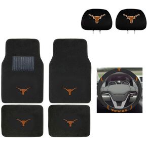 MULTI_B University of Texas Automotive Gift Set.Wow! Logo On Front and Rear Auto Floor Liner. You get 2 Head Rest Cover 4 Floor Mat and 1 Wheel Cover in This Gift Set. Perfect to Texas Longhorns Fan in Saudi Arabia