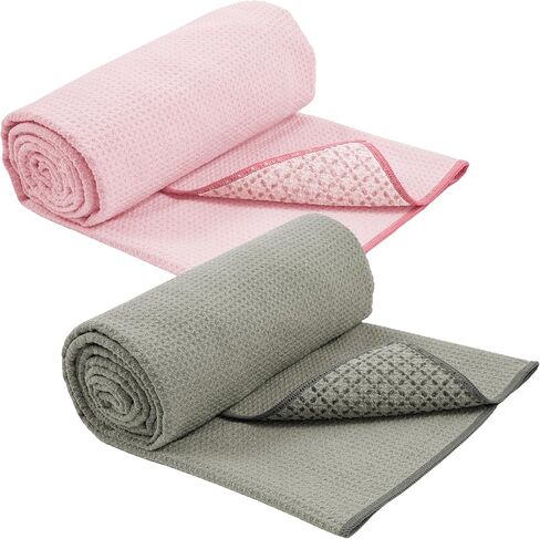 S&T INC. Yoga Mat Towel with Non-Slip Grip, Enhanced Silicone Grip, Soft and Absorbent for Gym, Pilates, and Hot Yoga Mat, 2 Pack, 24 inches x 72 inches, 340GSM, Pink and Grey in Saudi Arabia