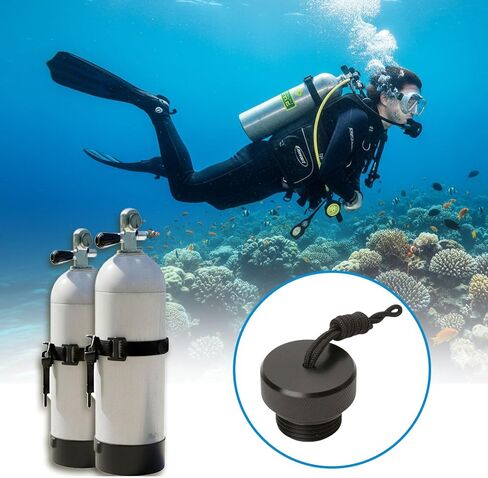 قابس Scuba DIN لمنظم المرحلة الأولى - واقي صمام خزان غطاء الغبار مع سلك، معرف نهاية ملولب ذكر 0.61 بوصة، 25 × 30 مم، غطاء بلاستيكي أسود لأسطوانات الغوص والغطس in Kuwait