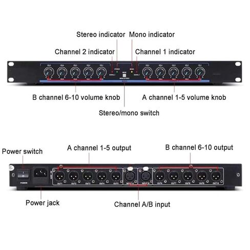 Stereo Audio Signal Distributor, 2 Input 10 Output Audio Processor, Stereo and Mono Work Modes, with Independent Volume Adjustment, for DJ Studio, Live Performance in Kuwait