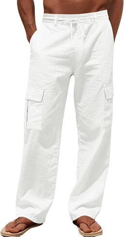 Men's Linen Pants Casual Cargo Pants Elastic Drawstring Waist Straight-Legs Summer Yoga Beach Long Pants with Pockets in Saudi Arabia