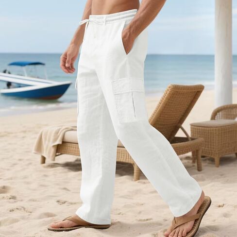 Men's Linen Pants Casual Cargo Pants Elastic Drawstring Waist Straight-Legs Summer Yoga Beach Long Pants with Pockets in Saudi Arabia