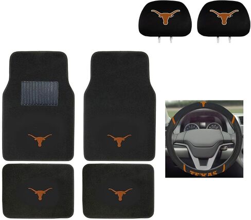 MULTI_B University of Texas Automotive Gift Set.Wow! Logo On Front and Rear Auto Floor Liner. You get 2 Head Rest Cover 4 Floor Mat and 1 Wheel Cover in This Gift Set. Perfect to Texas Longhorns Fan in Saudi Arabia