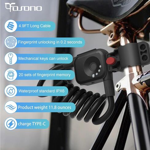OFASONO　Fingerprint Bicycle Lock with Key Lightweight Anti-Theft and Weather Resistant Digital Electronic biometric Intelligent Cable Lock 4.92 Feet Cablelock Electric Scooter Lock Safety Helmet in Saudi Arabia