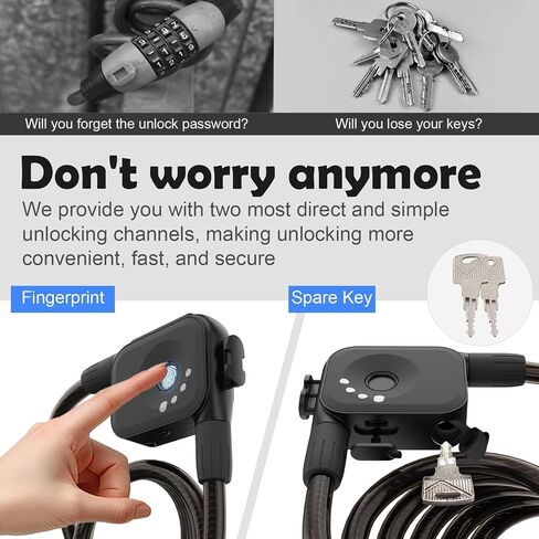 OFASONO　Fingerprint Bicycle Lock with Key Lightweight Anti-Theft and Weather Resistant Digital Electronic biometric Intelligent Cable Lock 4.92 Feet Cablelock Electric Scooter Lock Safety Helmet in Saudi Arabia