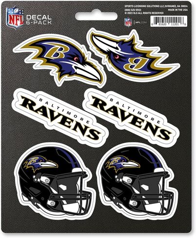 FANMATS 39517 NFL - ملصق Baltimore Ravens 6 قطع - يعمل على الأسطح الصلبة - للمنازل والسيارات والشاحنات وسيارات الدفع الرباعي والأشياء الشخصية وأجهزة الكمبيوتر المحمولة والهواتف المحمولة | أبيض | 5 × 6.25 بوصة | 6 شعارات/علامة نصية مختلفة in Saudi Arabia