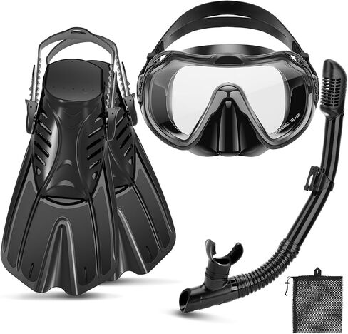 Snorkeling Gear for Kids Adults, 4 in 1 Travel Mask Fins Snorkel Set with Panoramic View Anti Fog Mask, Dry Top Snorkel, Trek Fins and Travel Bag, Snorkel Gear for Swimming Diving Snorkeling in Saudi Arabia