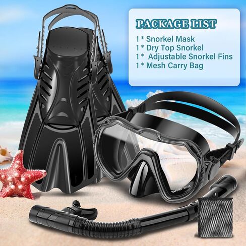 Snorkeling Gear for Kids Adults, 4 in 1 Travel Mask Fins Snorkel Set with Panoramic View Anti Fog Mask, Dry Top Snorkel, Trek Fins and Travel Bag, Snorkel Gear for Swimming Diving Snorkeling in Saudi Arabia