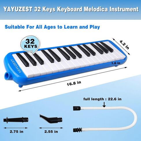 32 Keys Melodica Instrument, Soprano Melodica Air Piano Keyboard Pianica with 2 Soft Long Tubes, 2 Short Mouthpieces and Carrying Bag (Blue) in Saudi Arabia