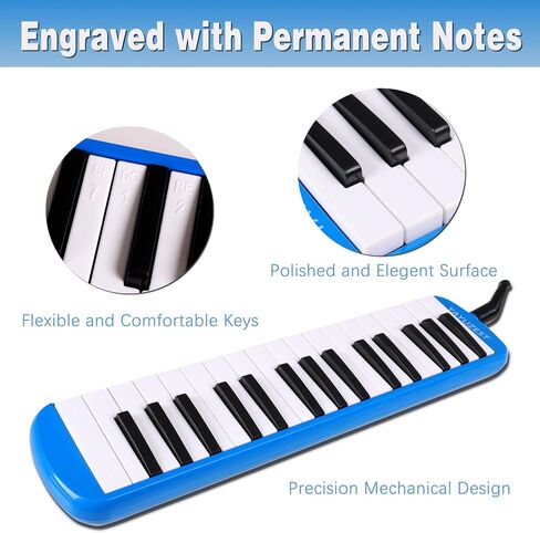32 Keys Melodica Instrument, Soprano Melodica Air Piano Keyboard Pianica with 2 Soft Long Tubes, 2 Short Mouthpieces and Carrying Bag (Blue) in Saudi Arabia