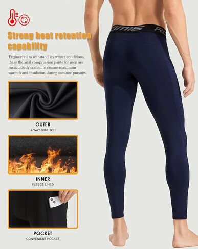 Men Thermal Compression Pants Fleece Lined Tights Athletic Heated Leggings Cold Weather Baselayer Winter Gear Pockets in Kuwait