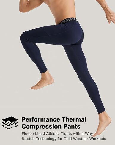 Men Thermal Compression Pants Fleece Lined Tights Athletic Heated Leggings Cold Weather Baselayer Winter Gear Pockets in Kuwait