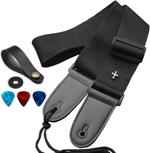 Guitar Strap, Acoustic Electric Guitar Straps, Adjustable Leather Ends Bass Guitar Strap with Picks Pocket in Kuwait