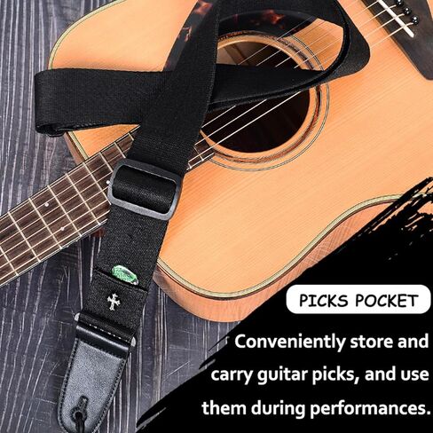 Guitar Strap, Acoustic Electric Guitar Straps, Adjustable Leather Ends Bass Guitar Strap with Picks Pocket in Kuwait