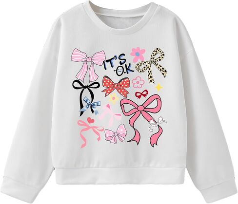 Girl's Bowknot Graphic Crewneck Sweatshirts Long Sleeve Pullovers Casual Fall Clothes in Saudi Arabia