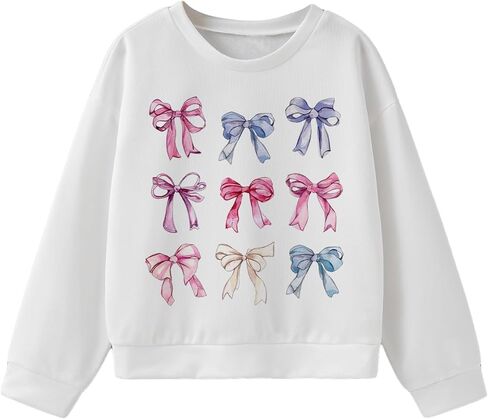 Girl's Cute Graphic Crewneck Sweatshirts Long Sleeve Bowknot Print Pullover Tops in Saudi Arabia
