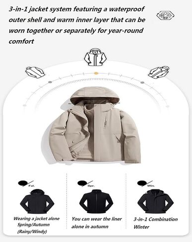 3-in-1 Jacket Men's Hooded Jacket Winter Warm Lined Outdoor Coat Windbreaker for Hiking Snow Waterproof Jackets in Saudi Arabia