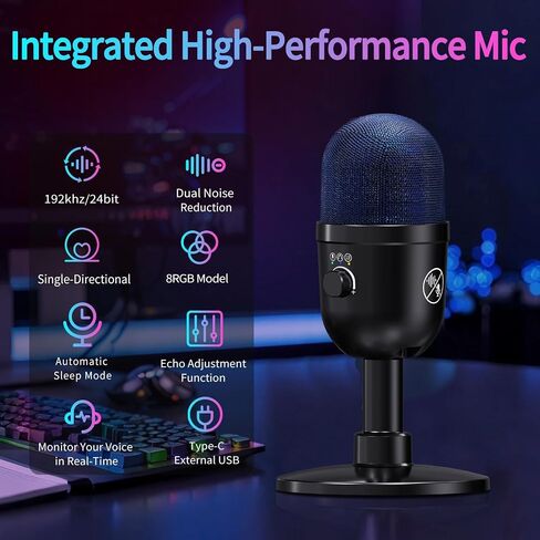 ميكروفون USB للكمبيوتر الشخصي - ميكروفون ألعاب الكمبيوتر مع إضاءة RGB لجهاز PS 4&5، خلط الصوت المزدوج، كتم الصوت، مخرج سماعة الرأس، ميكروفون مكثف هاي فاي 192 كيلو هرتز/24 بت للبث والغناء وتسجيل البودكاست in Kuwait